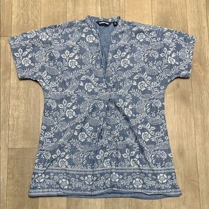 Womens Lands’ End Chambray Floral‎ V-Neck Tunic Short Sleeve Top Shirt